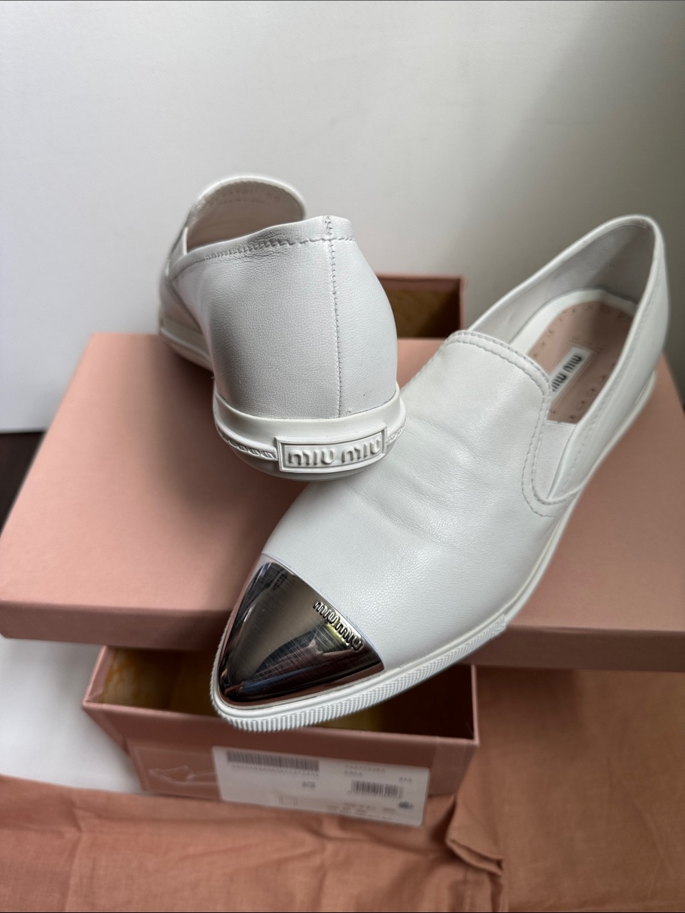 Miu Miu White Skate Sneaker Leather Slip-On Loafers with Silver Cap Toes | 38.5 - Picture 4 of 11